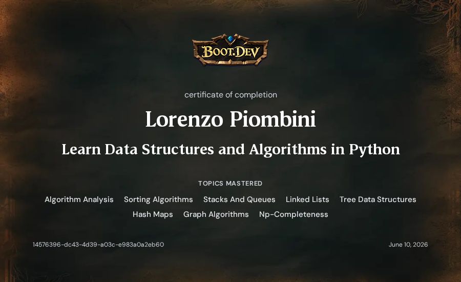 Lorenzo Piombini's Boot.dev Learn Data Structures and Algorithms in Python certificate