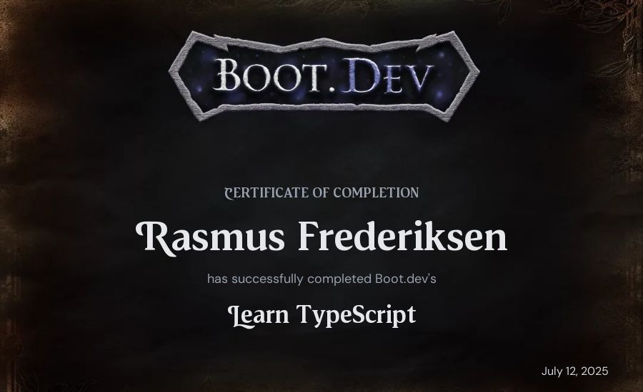 Rasmus Frederiksen's Boot.dev Learn TypeScript certificate