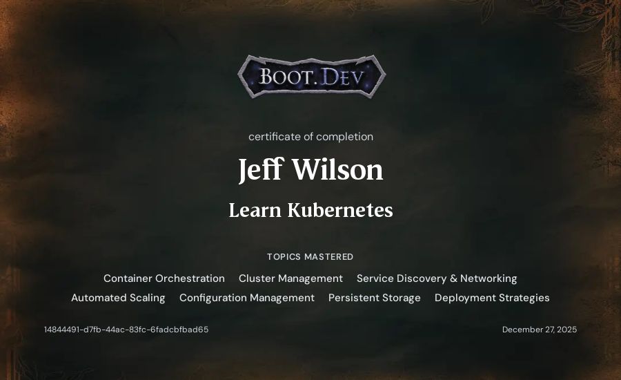 Jeff Wilson's Boot.dev Learn Kubernetes certificate