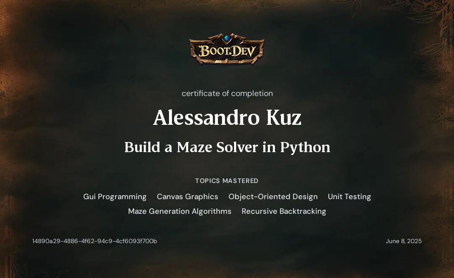 Alessandro Kuz's Boot.dev Build a Maze Solver in Python certificate