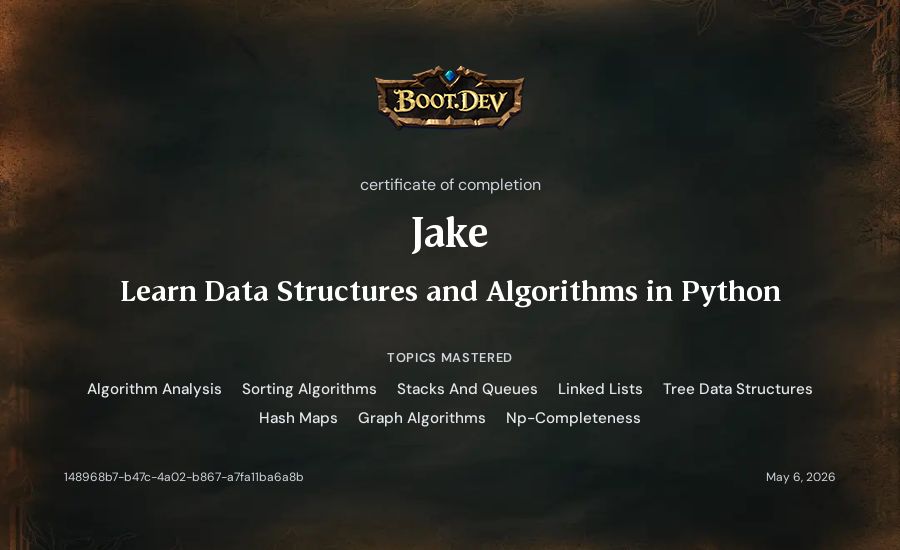 Jake's Boot.dev Learn Data Structures and Algorithms in Python certificate