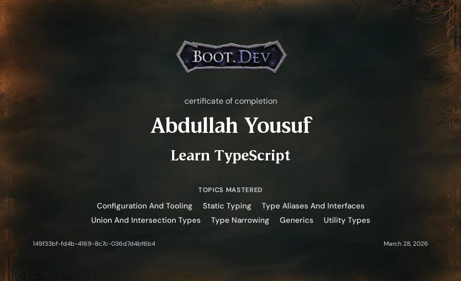Abdullah Yousuf's Boot.dev Learn TypeScript certificate