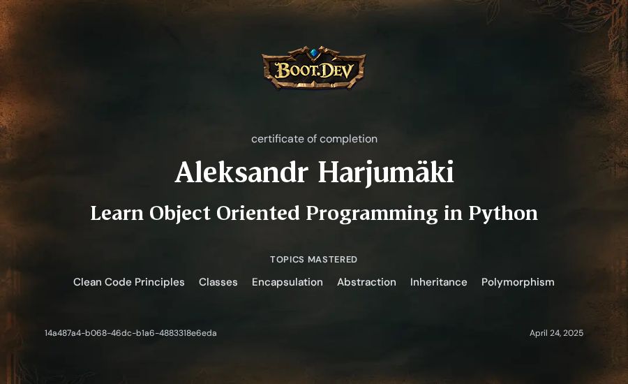 Aleksandr Harjumäki's Boot.dev Learn Object Oriented Programming in Python certificate