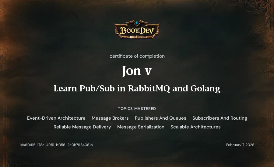 Jon v's Boot.dev Learn Pub/Sub in RabbitMQ and Go certificate