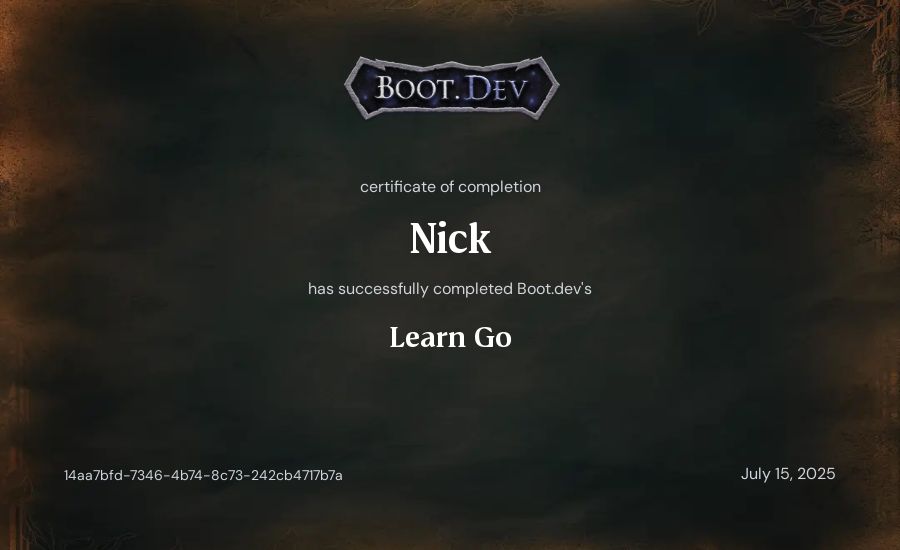Nick's Boot.dev Learn Go certificate