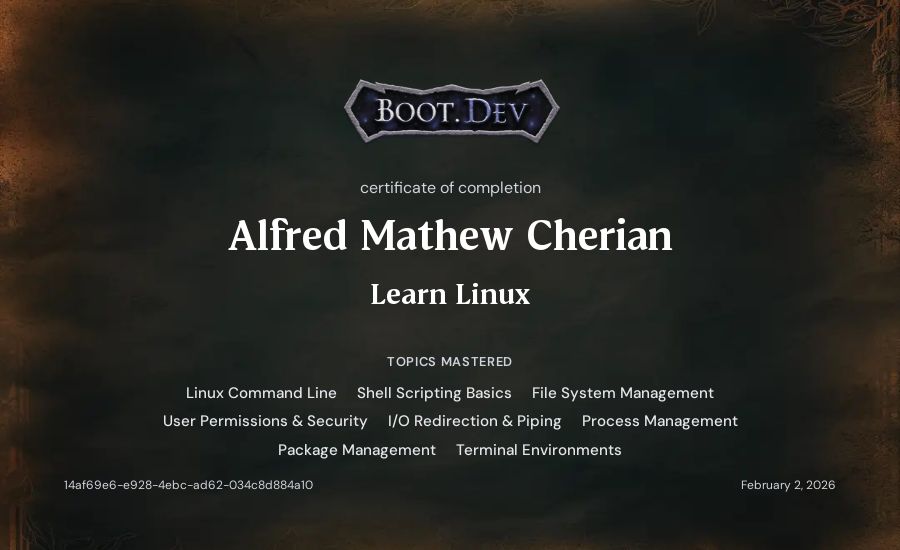 Alfred Mathew Cherian's Boot.dev Learn Linux certificate