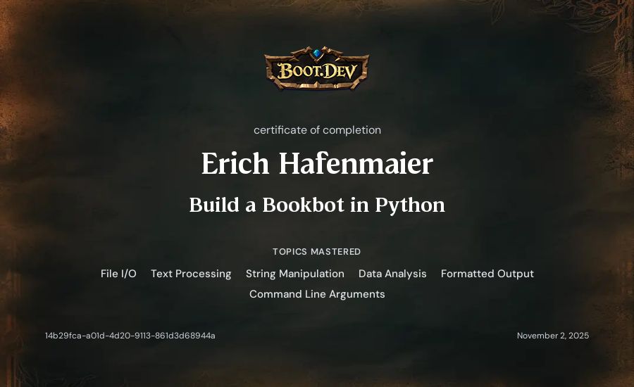 Erich Hafenmaier's Boot.dev Build a BookBot in Python certificate