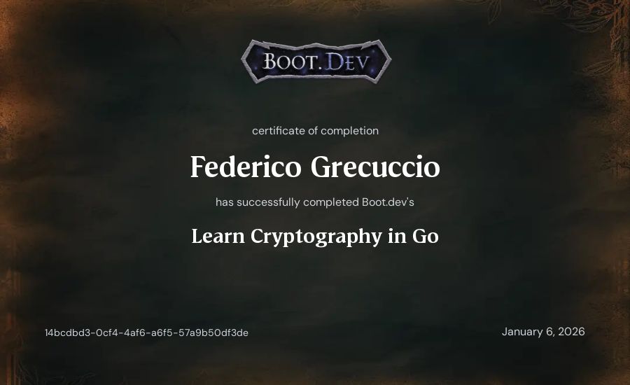 Federico Grecuccio's Boot.dev Learn Cryptography in Go certificate