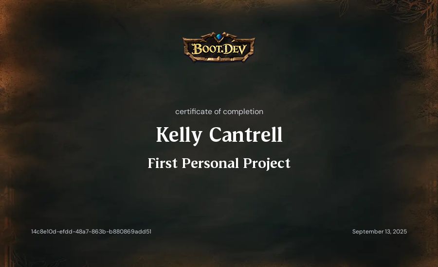 Kelly Cantrell's Boot.dev First Personal Project certificate