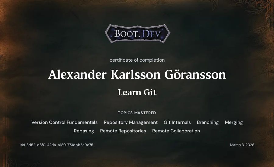 Alexander Karlsson Göransson's Boot.dev Learn Git certificate