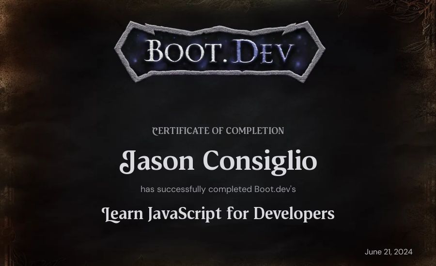 Jason Consiglio's Boot.dev Learn JavaScript certificate
