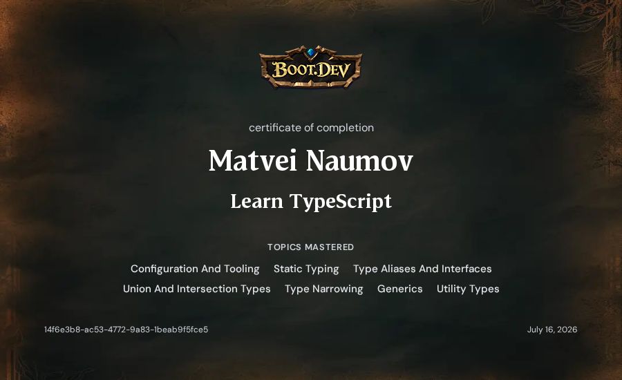 Matvei Naumov's Boot.dev Learn TypeScript certificate
