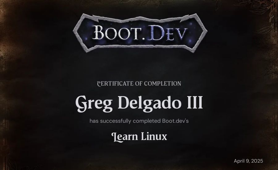 Greg Delgado III's Boot.dev Learn Linux certificate