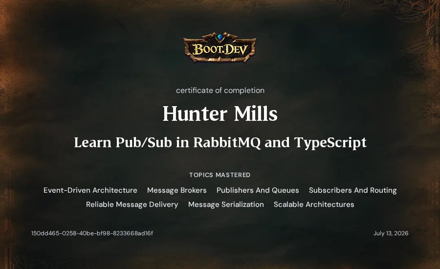 Hunter Mills's Boot.dev Learn Pub/Sub in RabbitMQ and TypeScript certificate