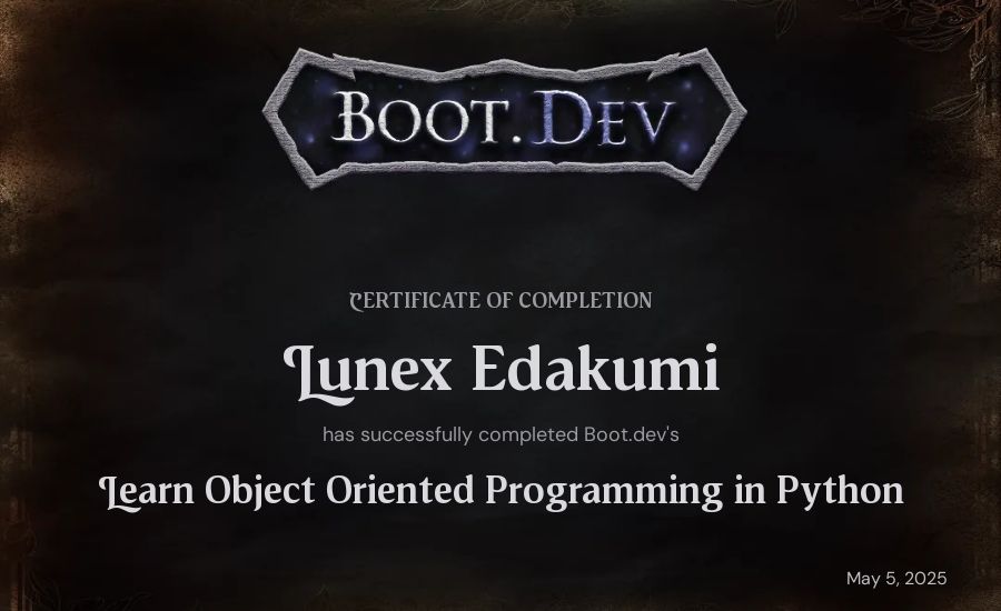 Lunex Edakumi's Boot.dev Learn Object Oriented Programming in Python certificate