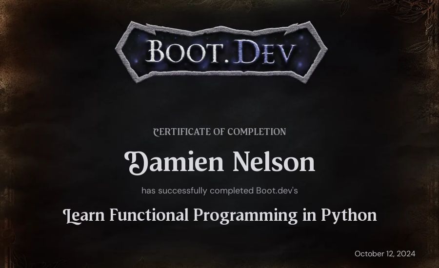 Damien Nelson's Boot.dev Learn Functional Programming in Python certificate