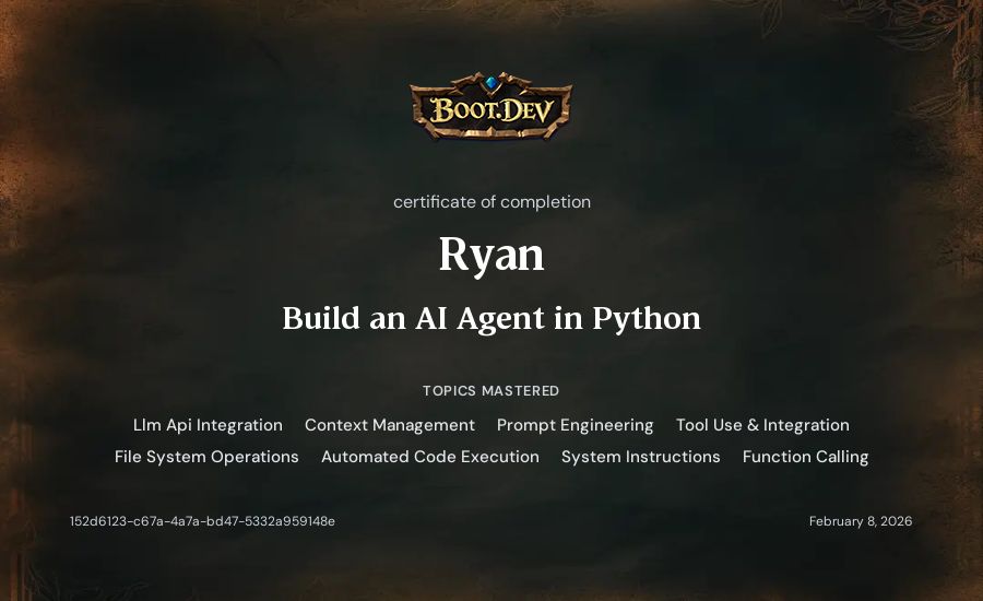 Ryan's Boot.dev Build an AI Agent in Python certificate