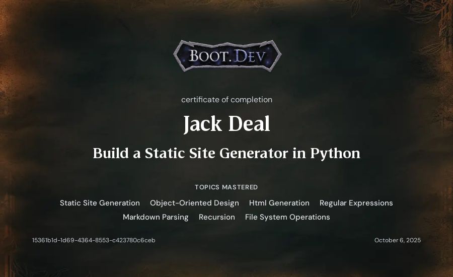 Jack Deal's Boot.dev Build a Static Site Generator in Python certificate
