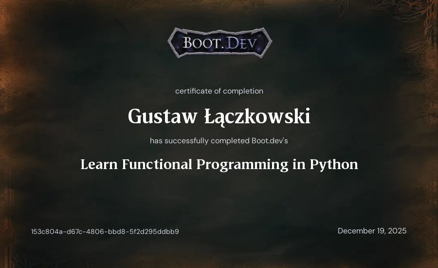 Gustaw Łączkowski's Boot.dev Learn Functional Programming in Python certificate