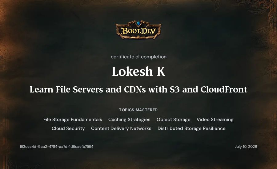 Lokesh K's Boot.dev Learn File Servers and CDNs with S3 and CloudFront certificate