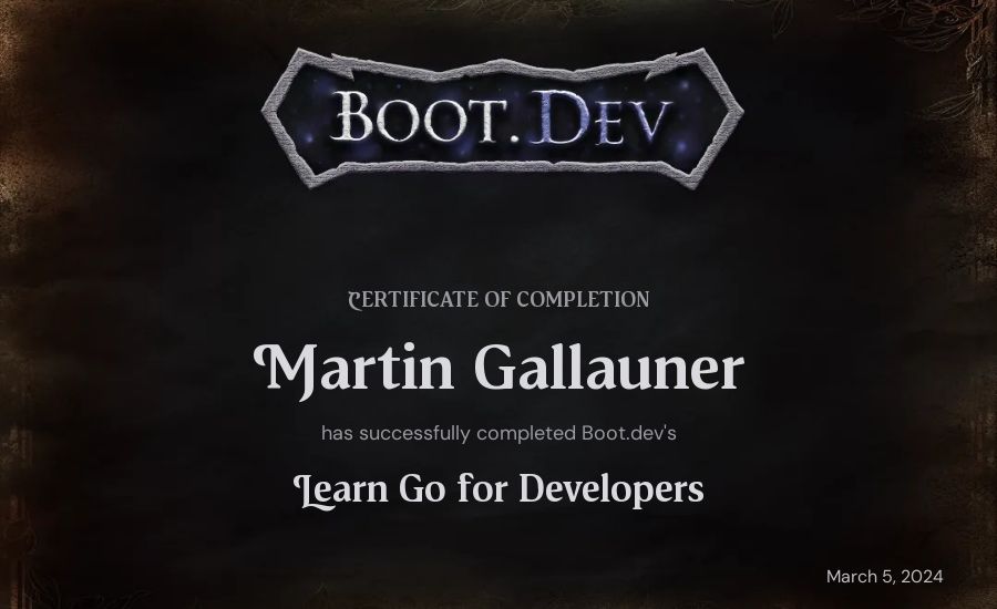 Martin Gallauner's Boot.dev Learn Go certificate