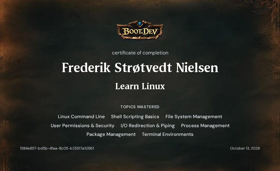 Frederik Strøtvedt Nielsen's Boot.dev Learn Linux certificate