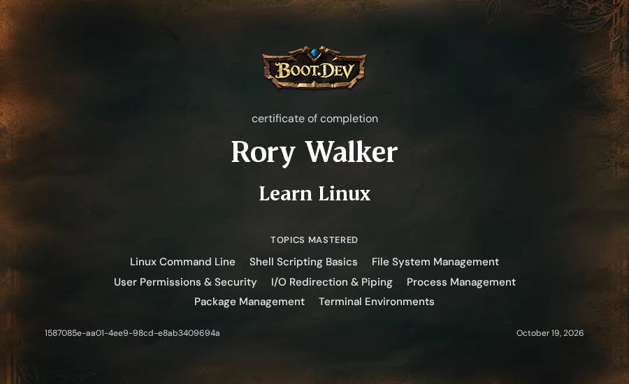 Rory Walker's Boot.dev Learn Linux certificate
