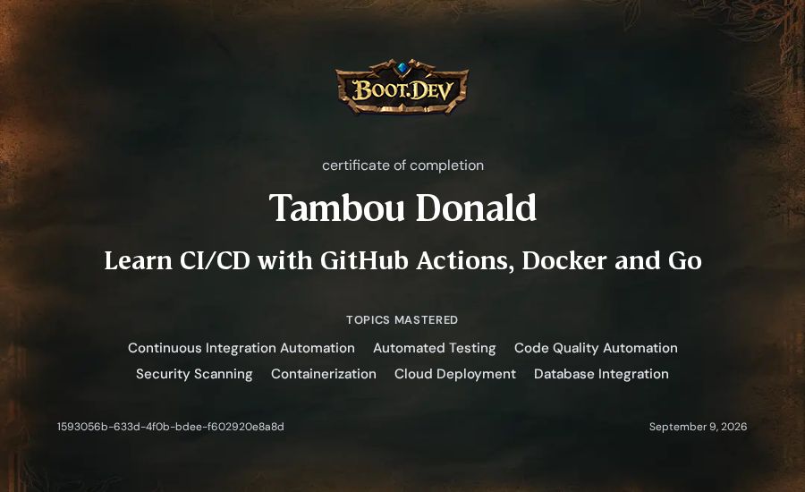 Tambou Donald's Boot.dev Learn CI/CD with GitHub Actions, Docker and Go certificate