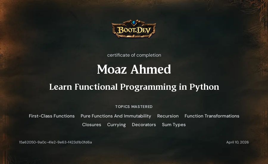 Moaz Ahmed's Boot.dev Learn Functional Programming in Python certificate