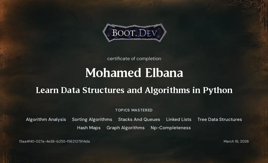 Mohamed Elbana's Boot.dev Learn Data Structures and Algorithms in Python certificate