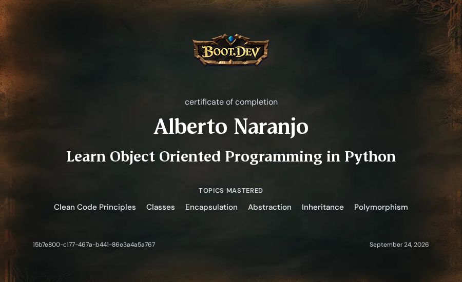 Alberto Naranjo's Boot.dev Learn Object Oriented Programming in Python certificate