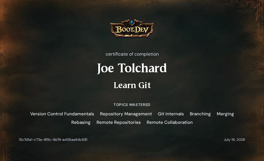 Joe Tolchard's Boot.dev Learn Git certificate