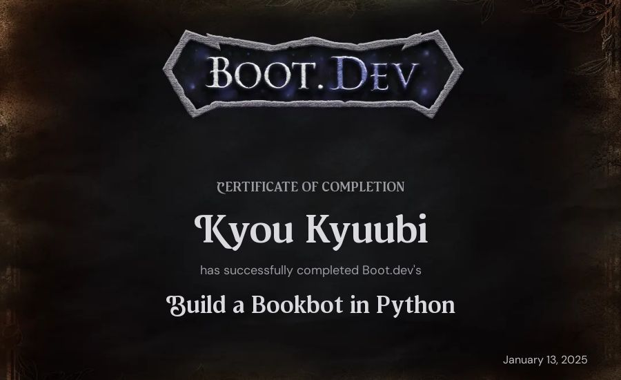 Kyou Kyuubi's Boot.dev Build a BookBot in Python certificate