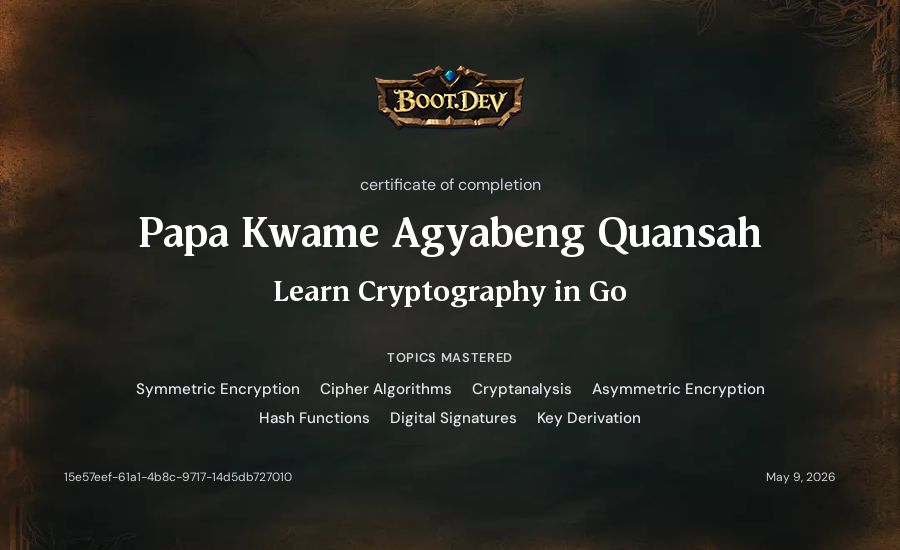 Papa Kwame Agyabeng Quansah's Boot.dev Learn Cryptography in Go certificate