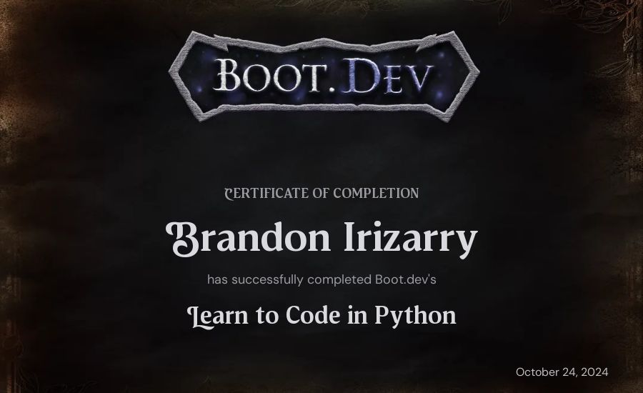 Brandon Irizarry's Boot.dev Introduction to Python Course certificate