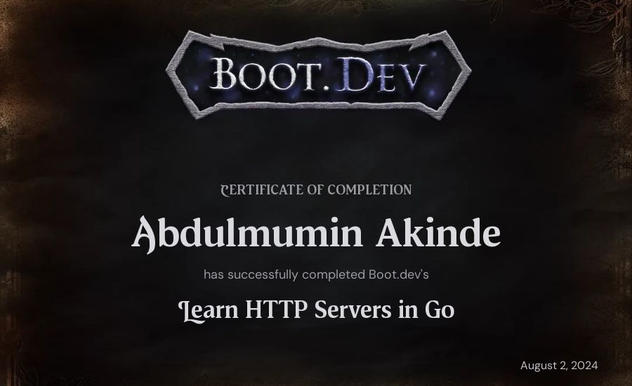 Abdulmumin Akinde's Boot.dev Learn HTTP Servers in Go certificate