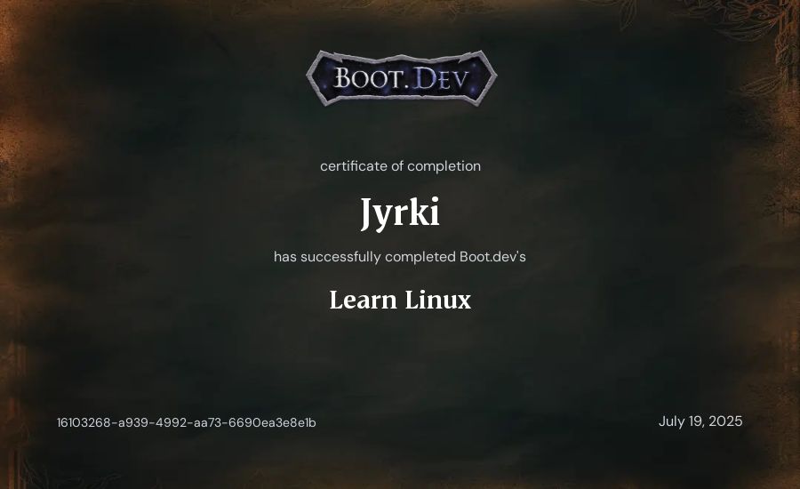 Jyrki's Boot.dev Learn Linux certificate