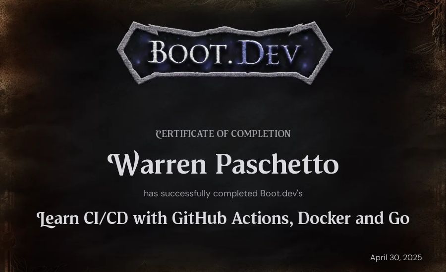 Warren Paschetto's Boot.dev Learn CI/CD with GitHub Actions, Docker and Go certificate