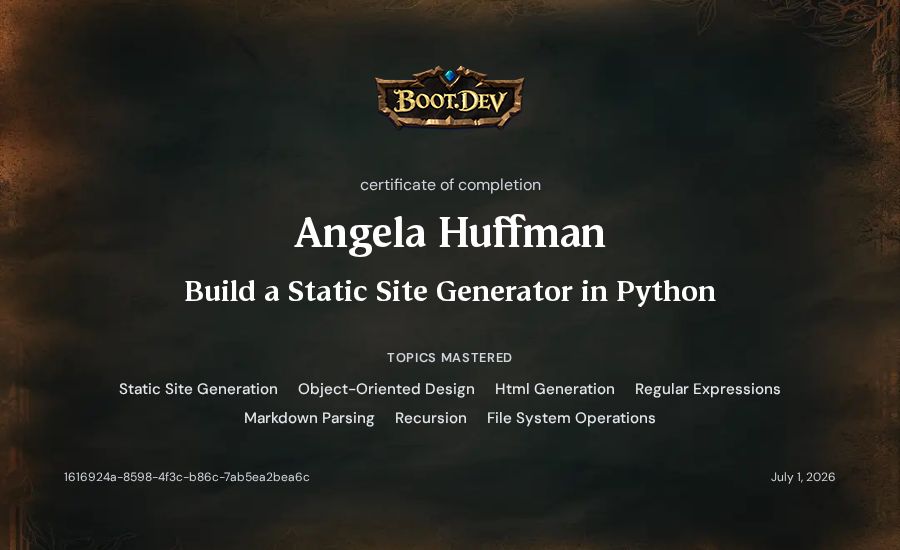 Angela Huffman's Boot.dev Build a Static Site Generator in Python certificate