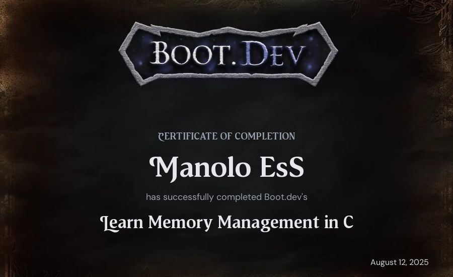 Manolo EsS's Boot.dev Learn Memory Management in C certificate
