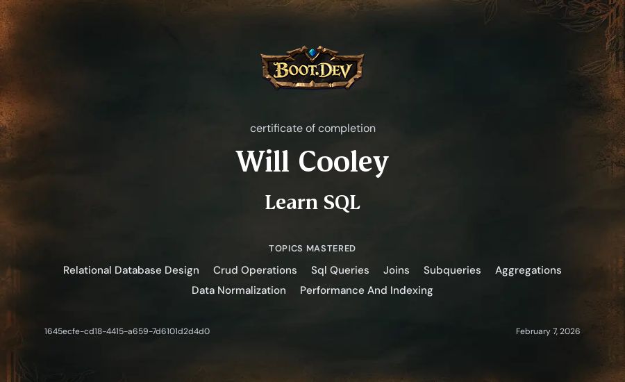 Will Cooley's Boot.dev Learn SQL certificate