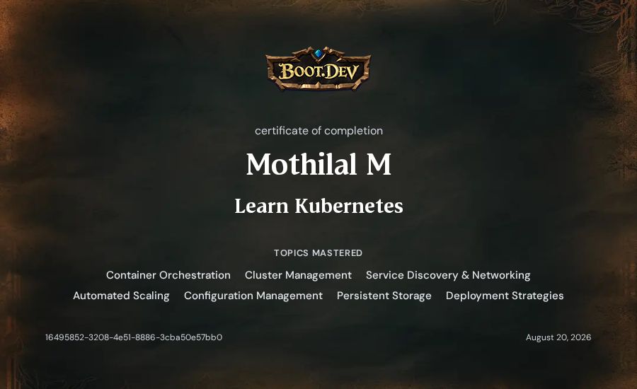 Mothilal M's Boot.dev Learn Kubernetes certificate