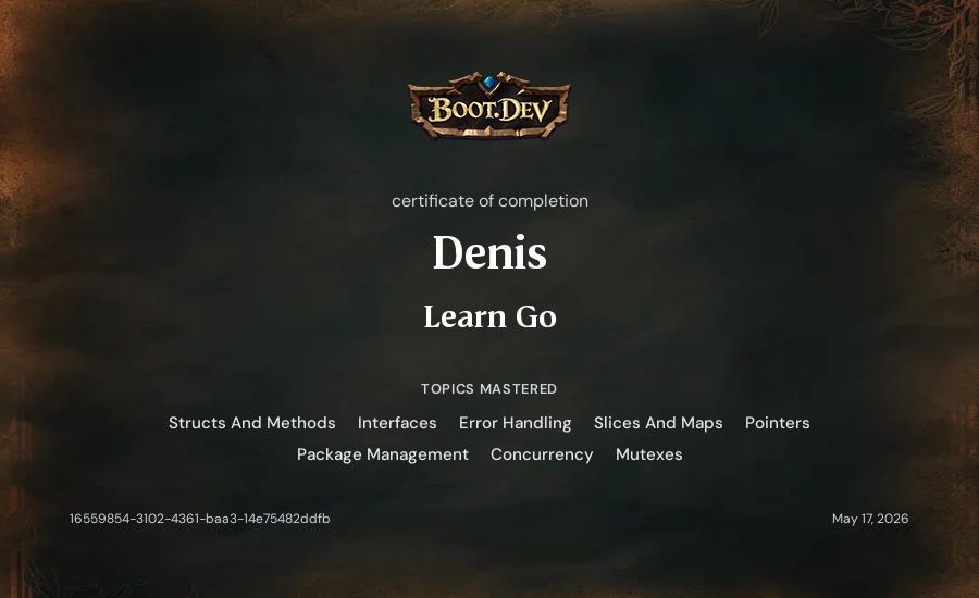 Denis's Boot.dev Learn Go certificate
