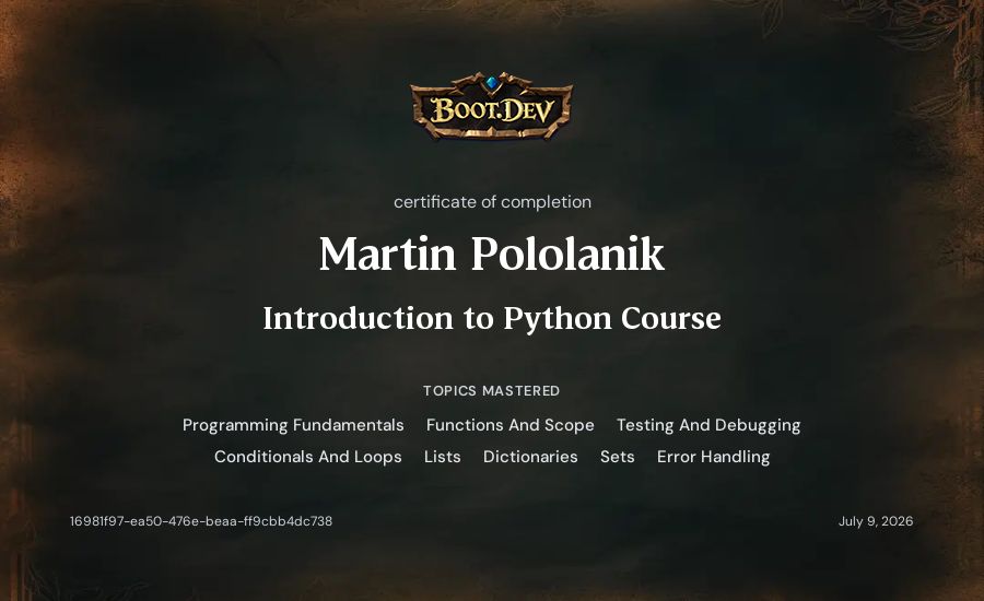 Martin Pololanik's Boot.dev Introduction to Python Course certificate