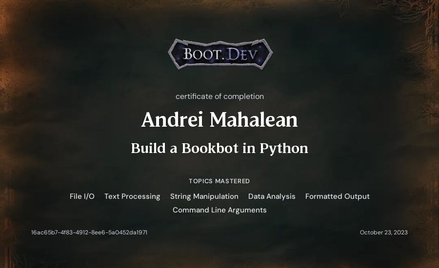 Andrei Mahalean's Boot.dev Build a BookBot in Python certificate