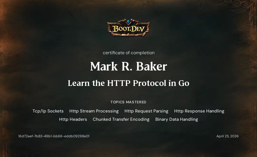 Mark R. Baker's Boot.dev Learn the HTTP Protocol in Go certificate