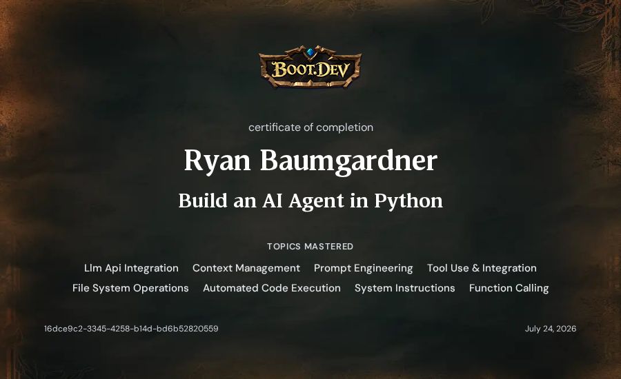 Ryan Baumgardner's Boot.dev Build an AI Agent in Python certificate