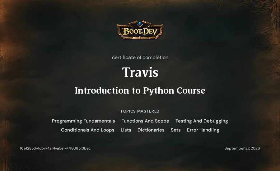 Travis's Boot.dev Introduction to Python Course certificate