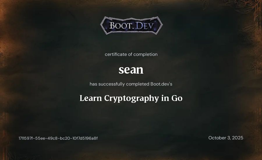 sean's Boot.dev Learn Cryptography in Go certificate