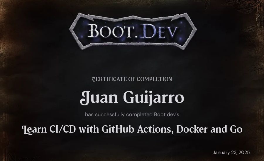 Juan Guijarro's Boot.dev Learn CI/CD with GitHub Actions, Docker and Go certificate